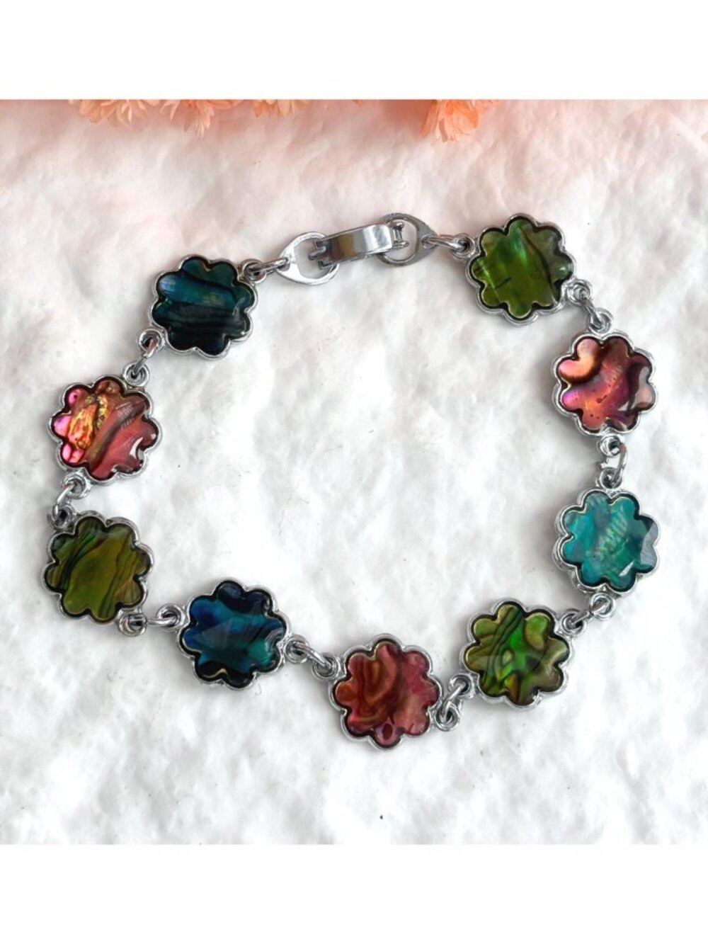 Faux Abalone Rainbow Enameled Multi Color Floral Silver Toned Vintage Bracelet